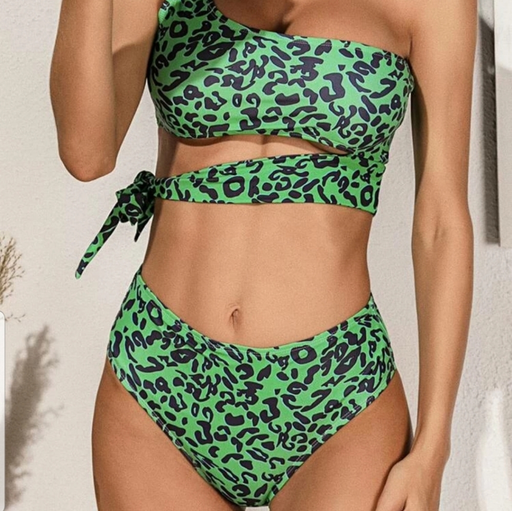 Leopard One Shoulder High Waisted Bikini Swimsuit